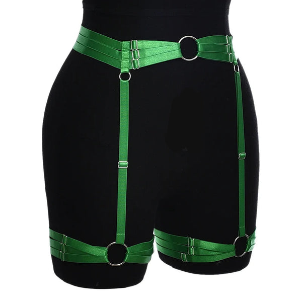 Women’s Goth High-Waist Green Garter Harness Belt – Adjustable Leg Harness Straps