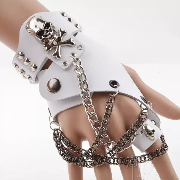 Fashion Half-finger Chain Ring Genuine Leather Punk Rivet Gloves