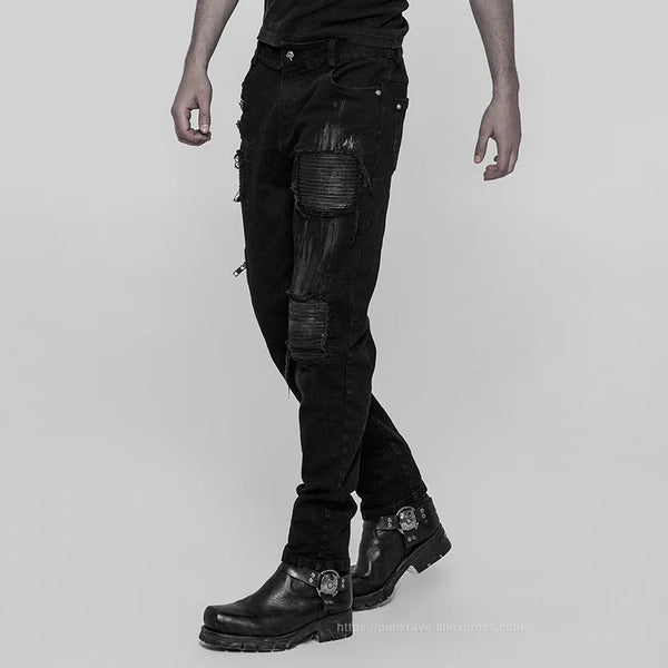 Men's Gothic Black Twill With Stitching Patches and Zip Features Pants