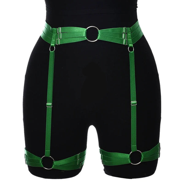 Women’s Goth High-Waist Green Garter Harness Belt – Adjustable Leg Harness Straps