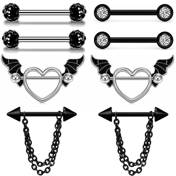 Stainless Steel Heart Black Angel Wing, Arrow with Chain, Nipple Piercing Set