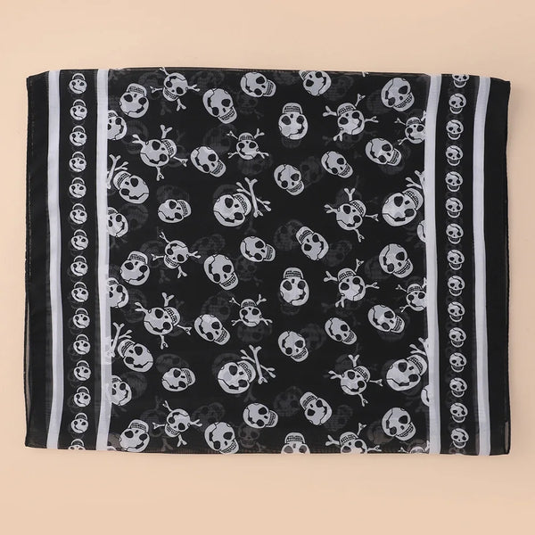 Black Chiffon Skull Print Fashion Long Scarf For Women