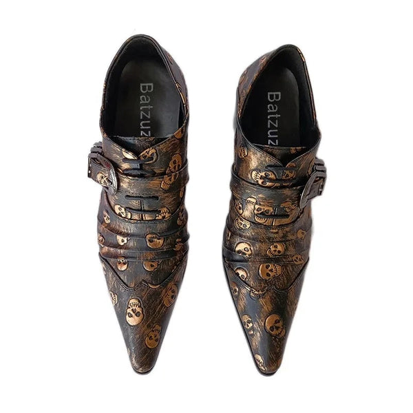 Men's Skulls Pointed Toe Leather Dress Shoes Gold or Black