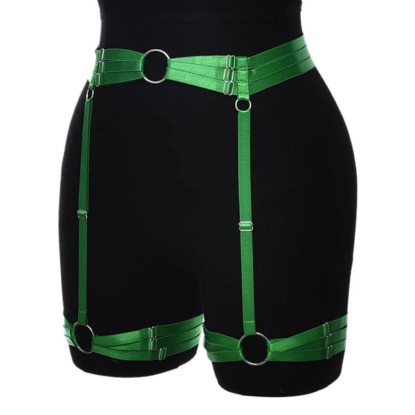 Women’s Goth High-Waist Green Garter Harness Belt – Adjustable Leg Harness Straps