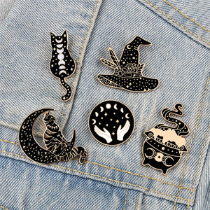 Gothic Punk Black Enamel Pins Hat, Furnace, Moon, Cat Lapel Pins