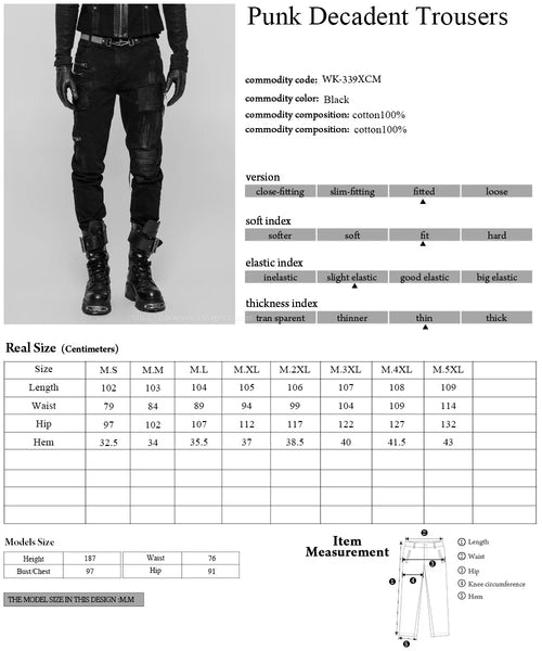 Men's Gothic Black Twill With Stitching Patches and Zip Features Pants