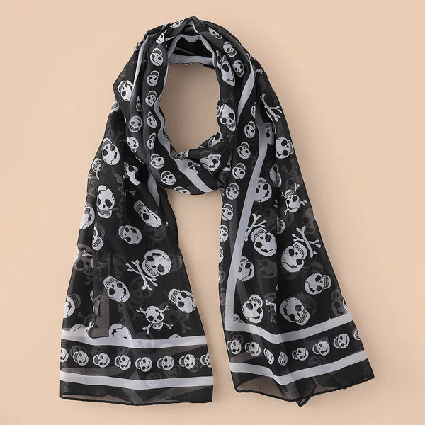 Black Chiffon Skull Print Fashion Long Scarf For Women