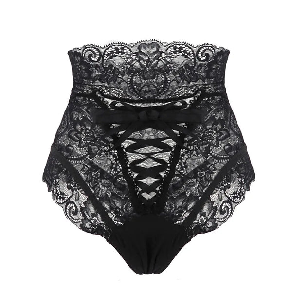 Women's High Waist Black Lace-Up Hollow Out Panties - Gothic Lingerie