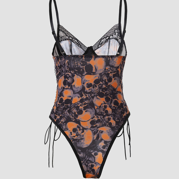 The Nocturnal Muse Skull Print Lace-Up Bodysuit