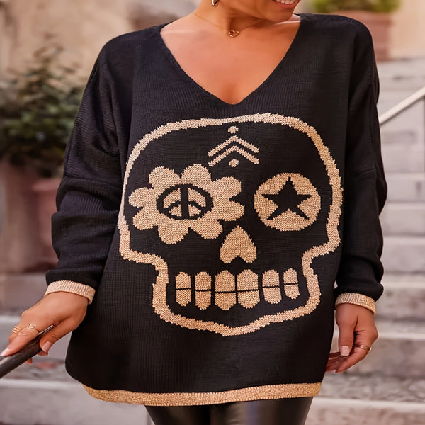 The Nocturnal Distortion Skull V-Neck Knit Sweater