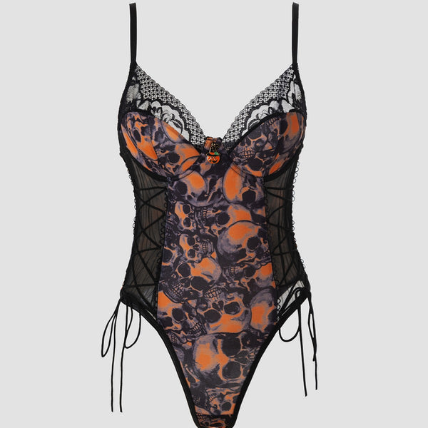 The Nocturnal Muse Skull Print Lace-Up Bodysuit