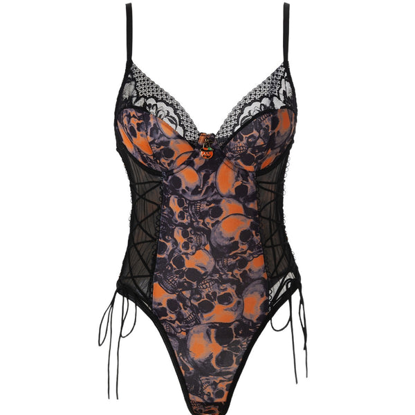 The Nocturnal Muse Skull Print Lace-Up Bodysuit