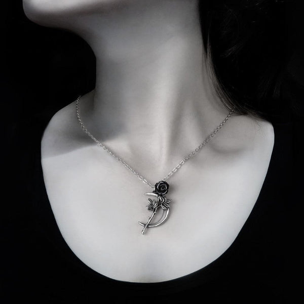New Romance Moon With A Single Black Rose Pendant Necklace