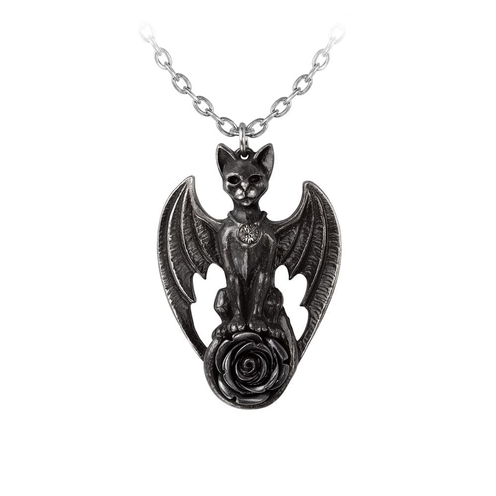Guardian Cat With Wings Sitting On Black Rose Pendant Necklace