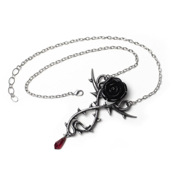 Black Rose On Vines With Red Crystal Necklace