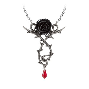 Black Rose On Vines With Red Crystal Necklace – Everything Skull