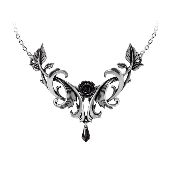 Delicate Necklace With A Single Black Rose & Black Austrian Crystal
