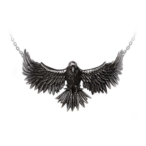 Sculptured Black Raven With Wings Spread Necklace