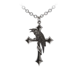 Black Raven Perched On A Cross Pendant Necklace