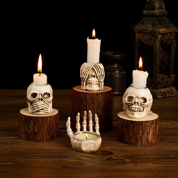 Resin Skeleton Skull and Hand Candle Holders