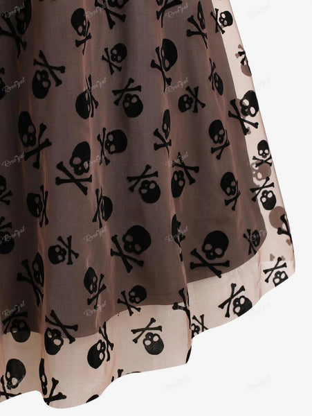 Women's Gothic Skull Print Mesh Grommets Dress