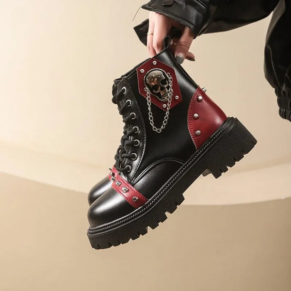 Women’s Punk Lace-Up Ankle Boots – Buckle Strap Platform Combat Booties