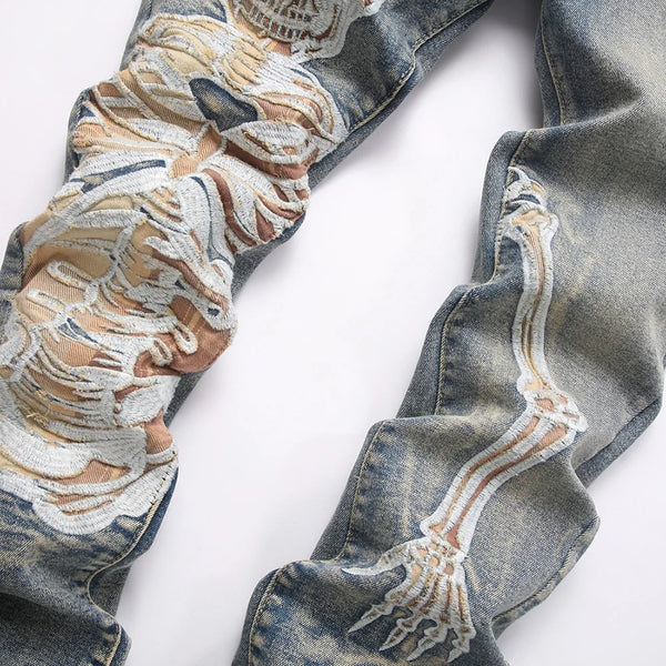 Men's Skull Boot Cut Denim Jeans - Vintage Blue Devil Embroidery Slim Flared Trousers