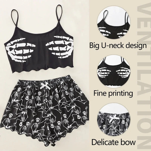 Women’s 2-Piece Skull Print Pajama Set – Short-Sleeve Lounge & Sleepwear Suit