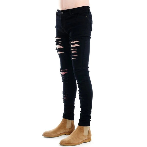 Men's Distressed Black High Street Punk Jeans