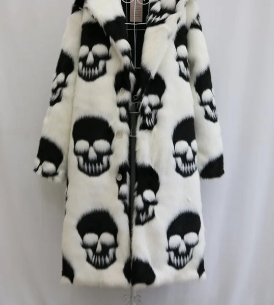 Winter Warm Skulls Pattern Woman's Punk Faux Fur Long Jacket