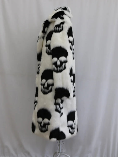 Winter Warm Skulls Pattern Woman's Punk Faux Fur Long Jacket