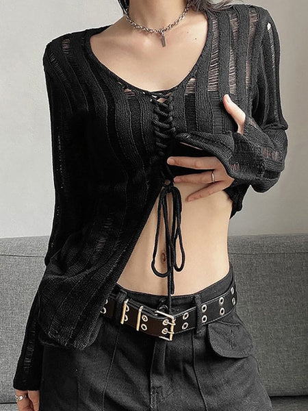 Goth See Through Black Casual Long Sleeve Women's Blouse
