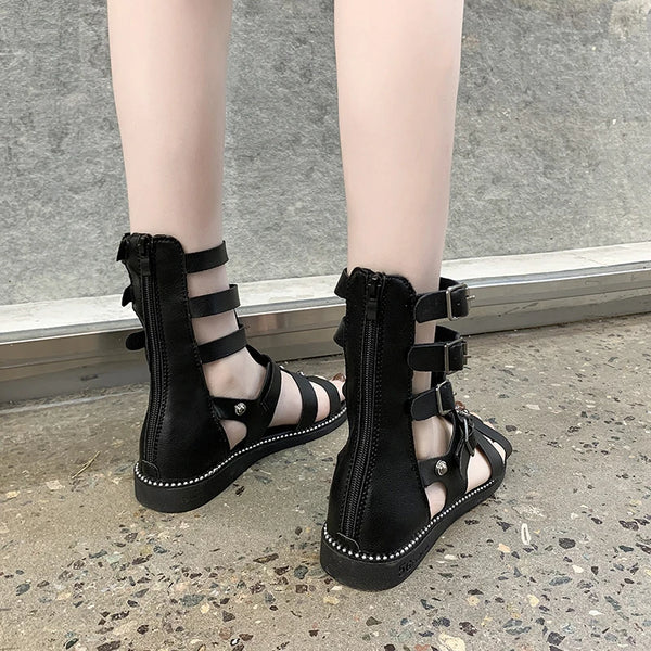 Women's Gothic Flats Black Gladiator Casual Sandals