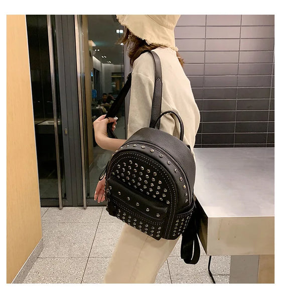 Women's Small Genuine Leather Rivet Black Backpack