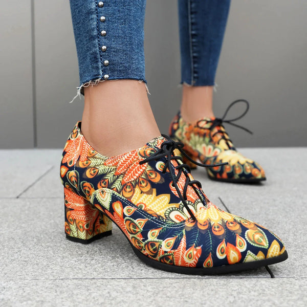 Women's Printing Skull, Flower or Black Lace up Thick Heel Shoes