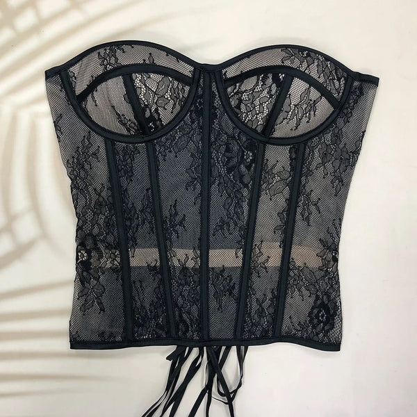 Ethereal Bone | Hollow-Out Mesh & Lace Bustier Top