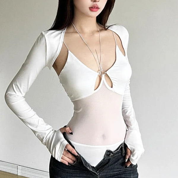 Gothic Hollow Out Straps Bodysuits With Long Sleeve Women's 2 Piece Set Black or White