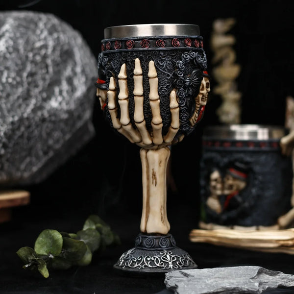 Skull Gothic Goblet Day of the Dead Bride And Groom Black Roses