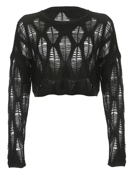 Gothic Perforated Hollow Out Knitted Long Sleeve Top