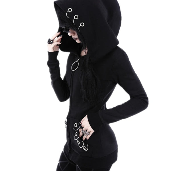 Women's Gothic Punk Iron Ring Long Sleeve Zip-up Black Jacket