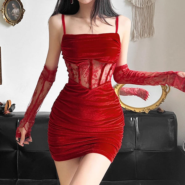 women's Velvet Ruched Elegant Corset Dress Red or Black