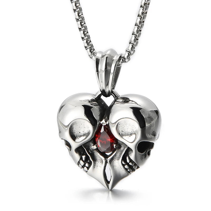 Stainless Steel Love Heart Skull With Red Gemstone Pendant For Necklaces