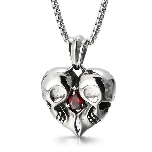 Stainless Steel Love Heart Skull With Red Gemstone Pendant For Necklaces