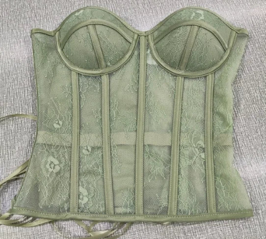 Ethereal Bone | Hollow-Out Mesh & Lace Bustier Top