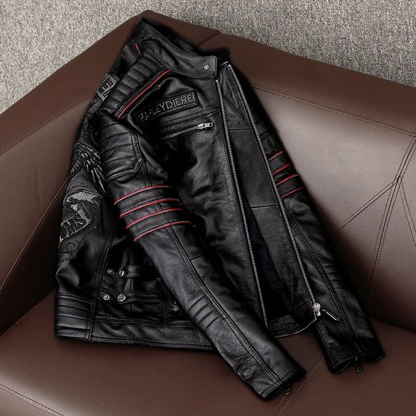 Men's Genuine Leather Motorcycle Jacket - Skull Embroidery