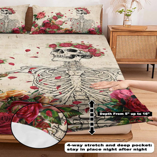 Skull Rose Fitted Bed Sheet Anti-slip Mattress Protector for Single Double King