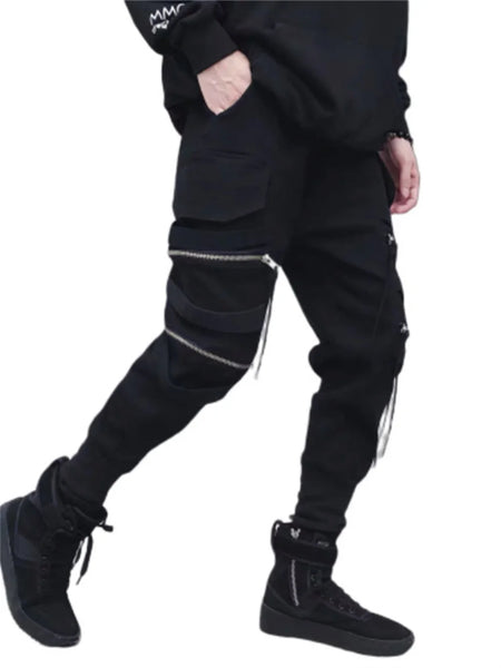 Black Cargo Punk Zipper Ribbons Pants