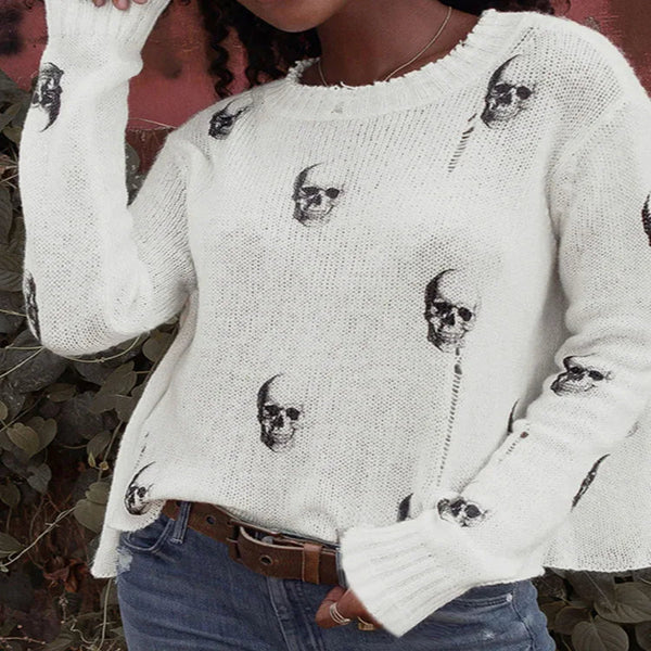 Women’s Loose Skull Print Knitted Sweater – Casual Long Sleeve Gothic Pullover