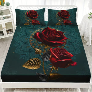 3D Gothic Rose Fitted Sheet Set Soft Comfortable Breathable Bedding