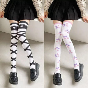Women's Heart Cross Stripe Print Black Casual Thigh Socks